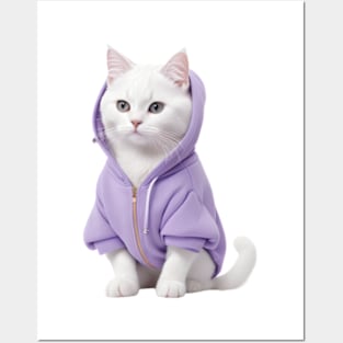 White British Short hair Cat wearing purple t-shirt Posters and Art